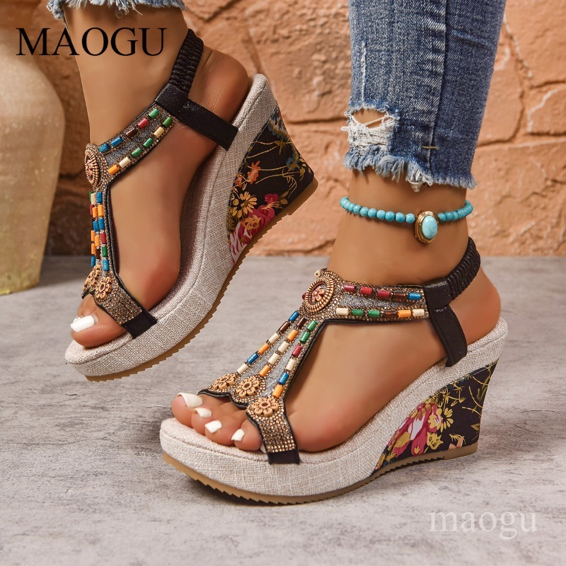 Ethnic Fashion For Women - Boho Beaded Floral Wedge Sandals for